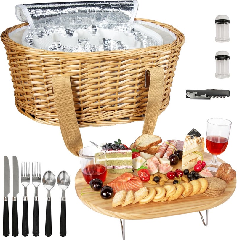 HapTim Wicker Picnic Basket Set for 2 with Mini Folding Wine Picnic Table & Large Insulated Cooler Bag & Cutlery Service Kits for 2 Person, Couples Gifts, Wedding Gifts (Y2209-2-CM) - Image 1
